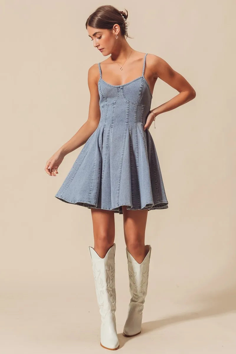 A Line Fit and Flare Denim Mini Dress