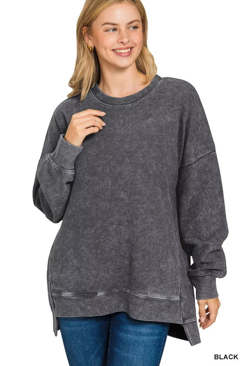 Acid Washed Double Ribbed Hi-low Sweatshirt Plus Size