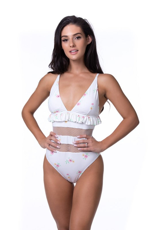 Beige Floral Ruffled Trim Mesh One Piece Swimsuit
