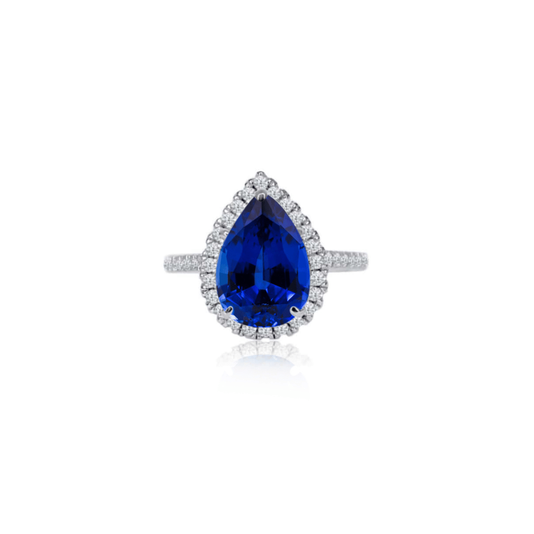 2.0ct Pear Cut Lab Blue Sapphire Halo Engagement Ring