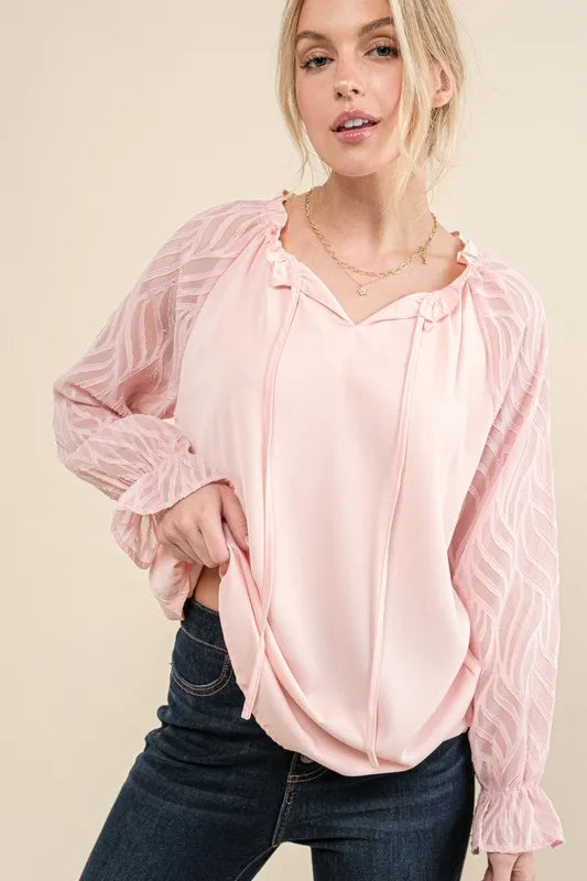And The Why Leaves Shape Textured Sleeve Blouse