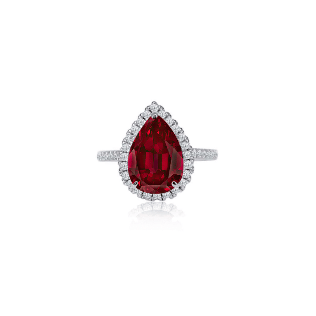 2.0ct Lab Ruby Pear Cut Moissanite Halo Engagement Ring
