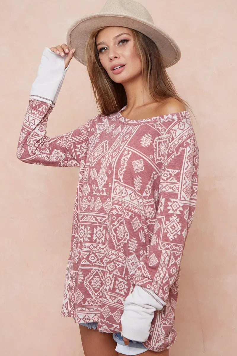 Aztec Print French Terry Top with Thumb Opening
