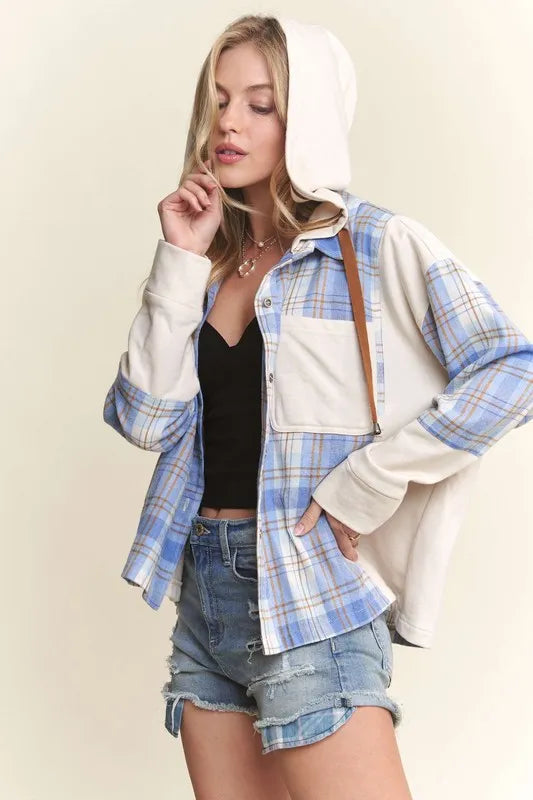 ADORA Button Down Plaid Hoodie Shacket