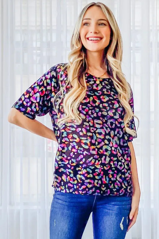 And The Why Leopard Foil Printed Half Sleeve Summer Sweater