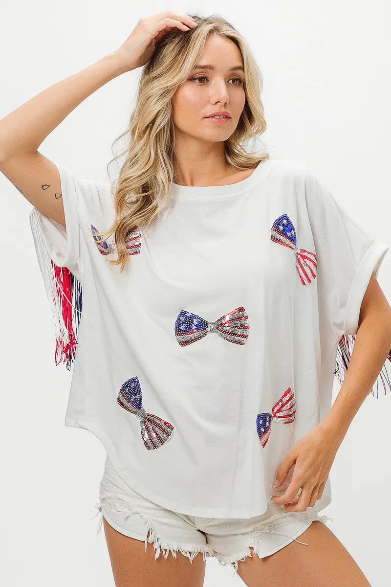 American Flag Sequin Ribbon T-Shirt