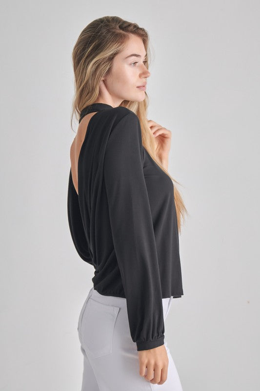 Backless Cowl Twist Back Long Bubble Sleeve Top