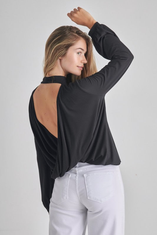 Backless Cowl Twist Back Long Bubble Sleeve Top