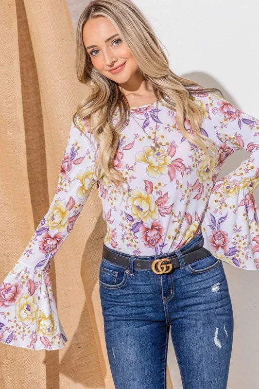 And The Why Floral Printed Bell Sleeve Casual Top