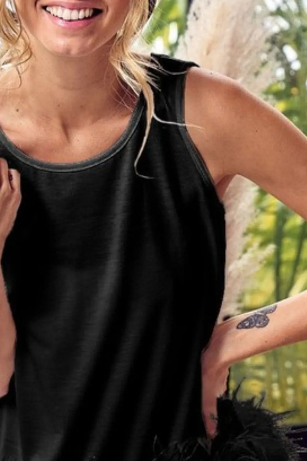 BiBi French Terry Faux Feather Bottom Back Tied Top