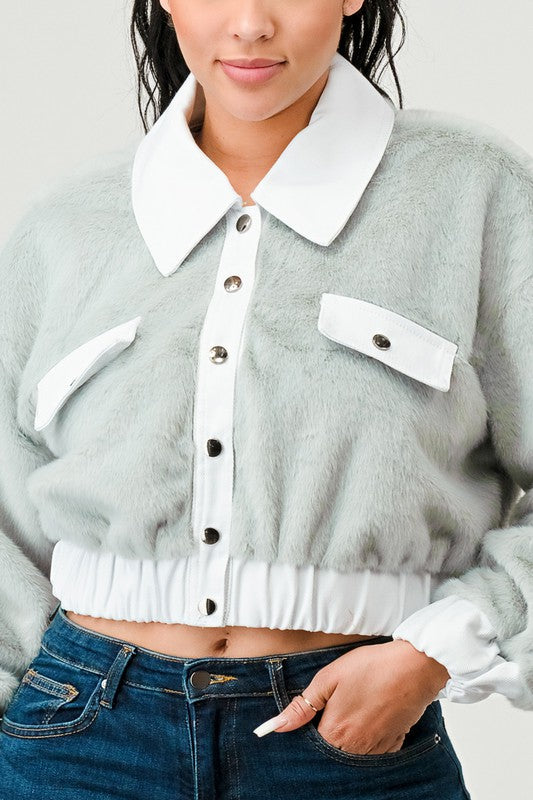 Athina Casual Denim Contrast Fur Crop Jacket