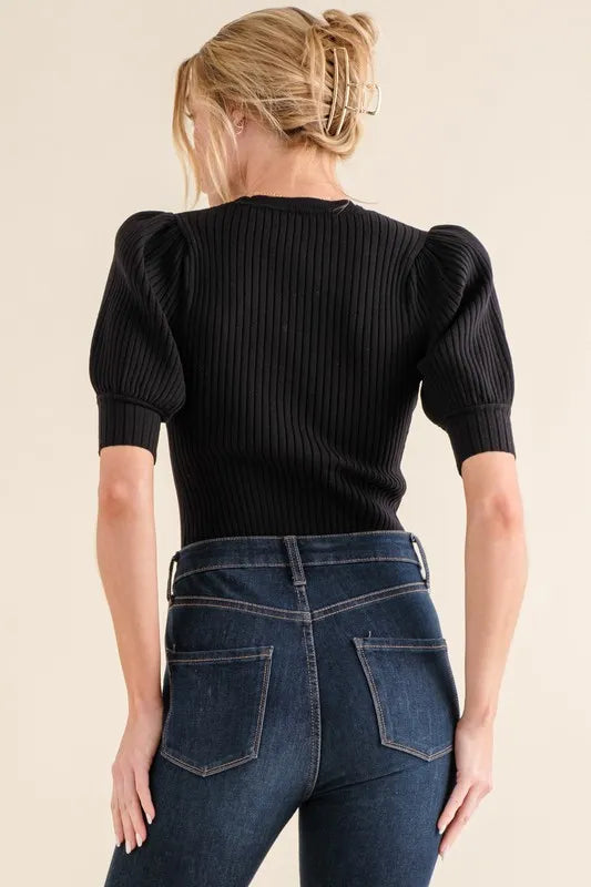 And The Why Puffed Half Sleeve Rib Basic Bodysuit