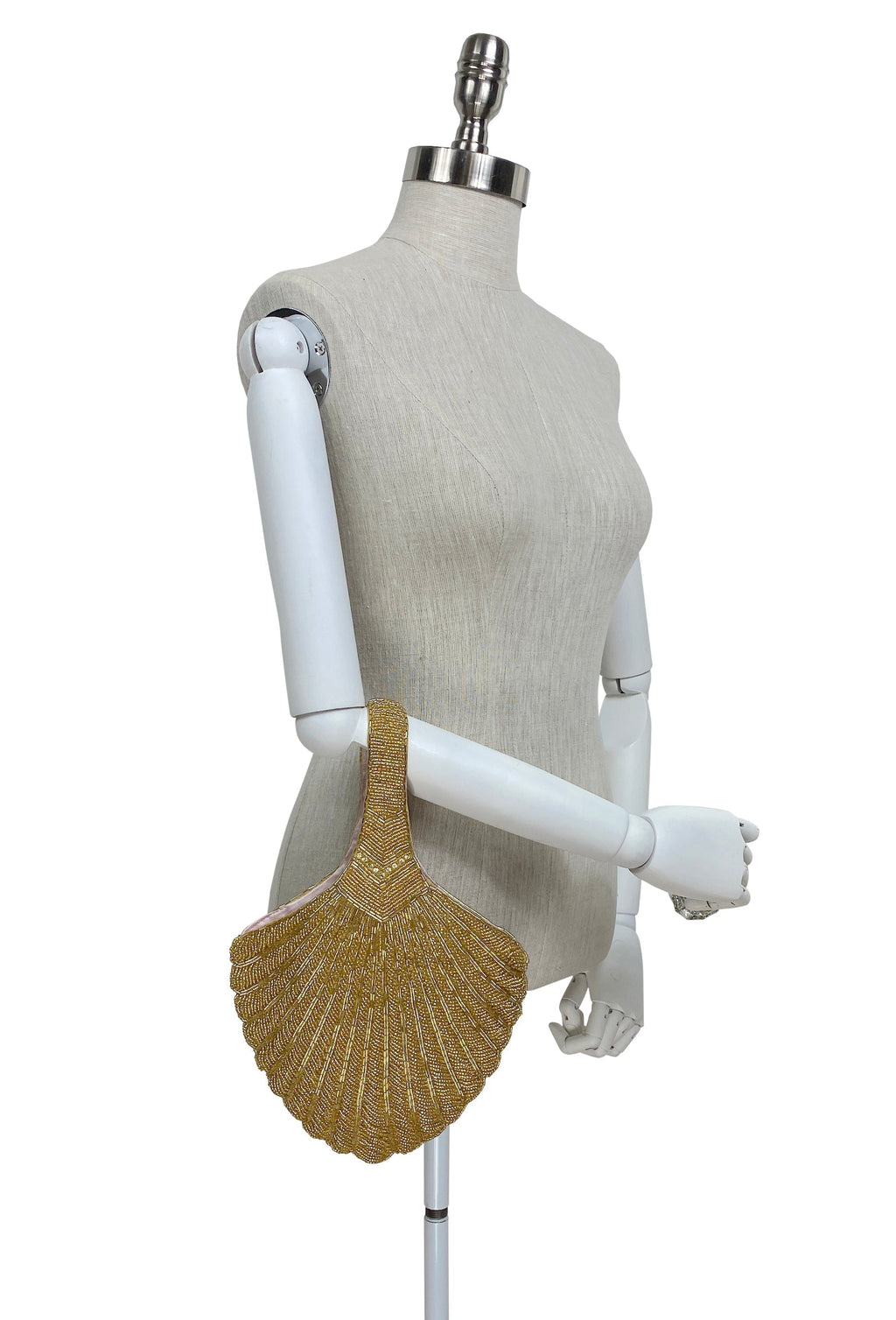 1920's Hand Beaded Deco Fan Wristlet Evening Tote - Large - Glamour Gold