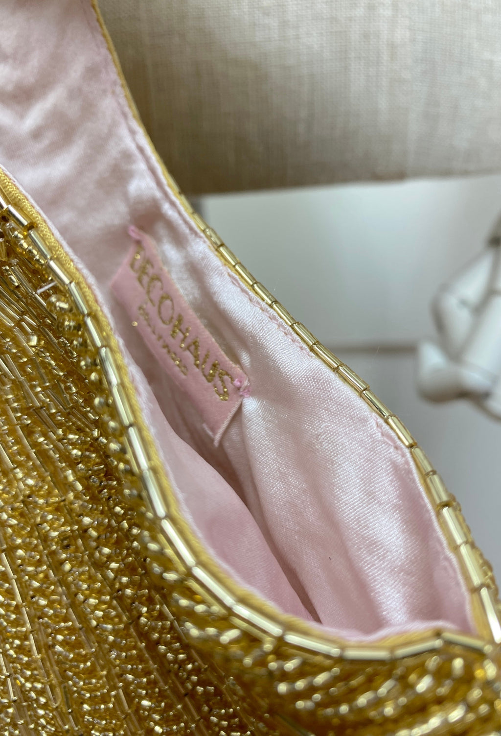 1920's Hand Beaded Deco Fan Wristlet Evening Tote - Large - Glamour Gold