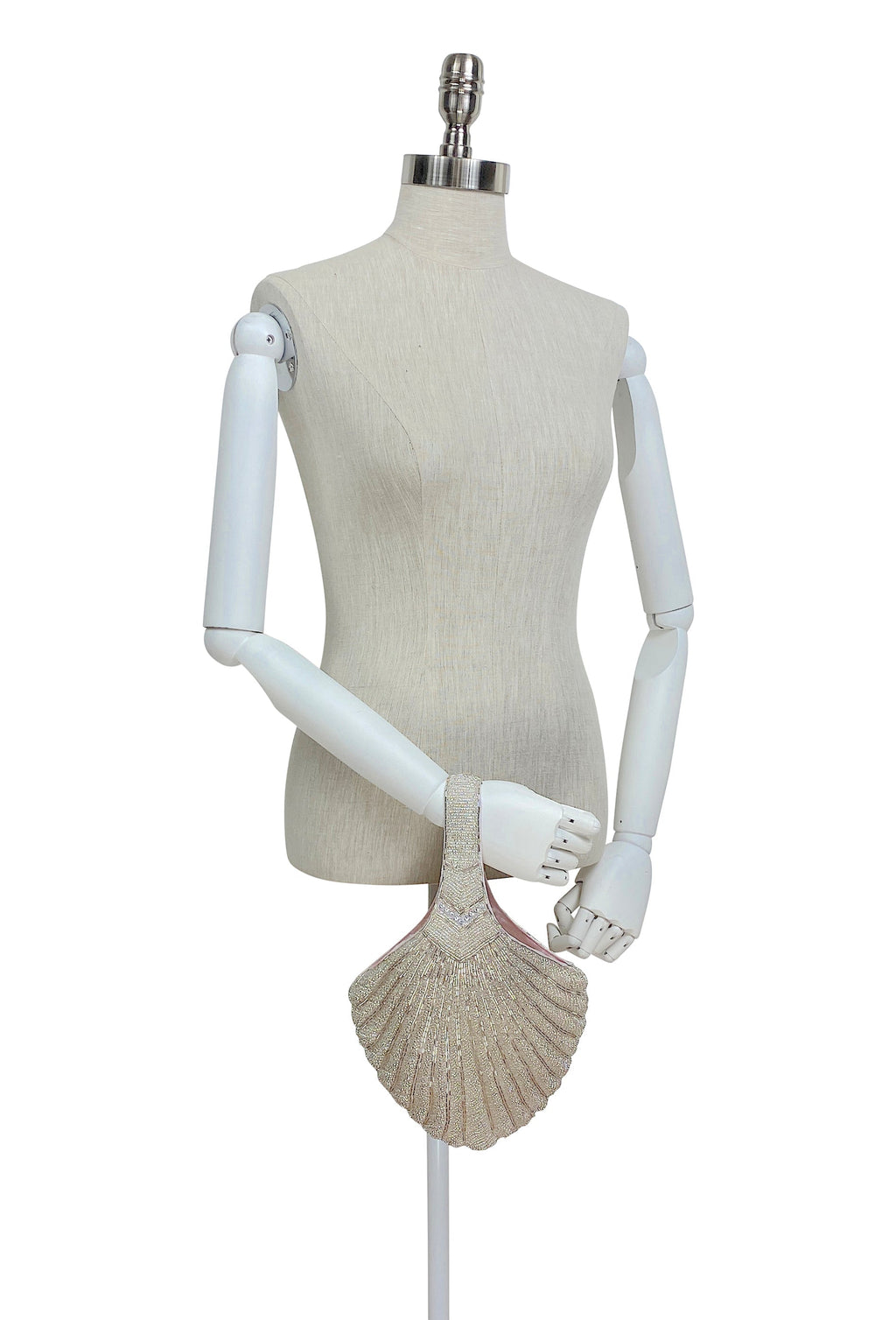 1920's Hand Beaded Deco Fan Wristlet Evening Tote - Large - Glamour Silver