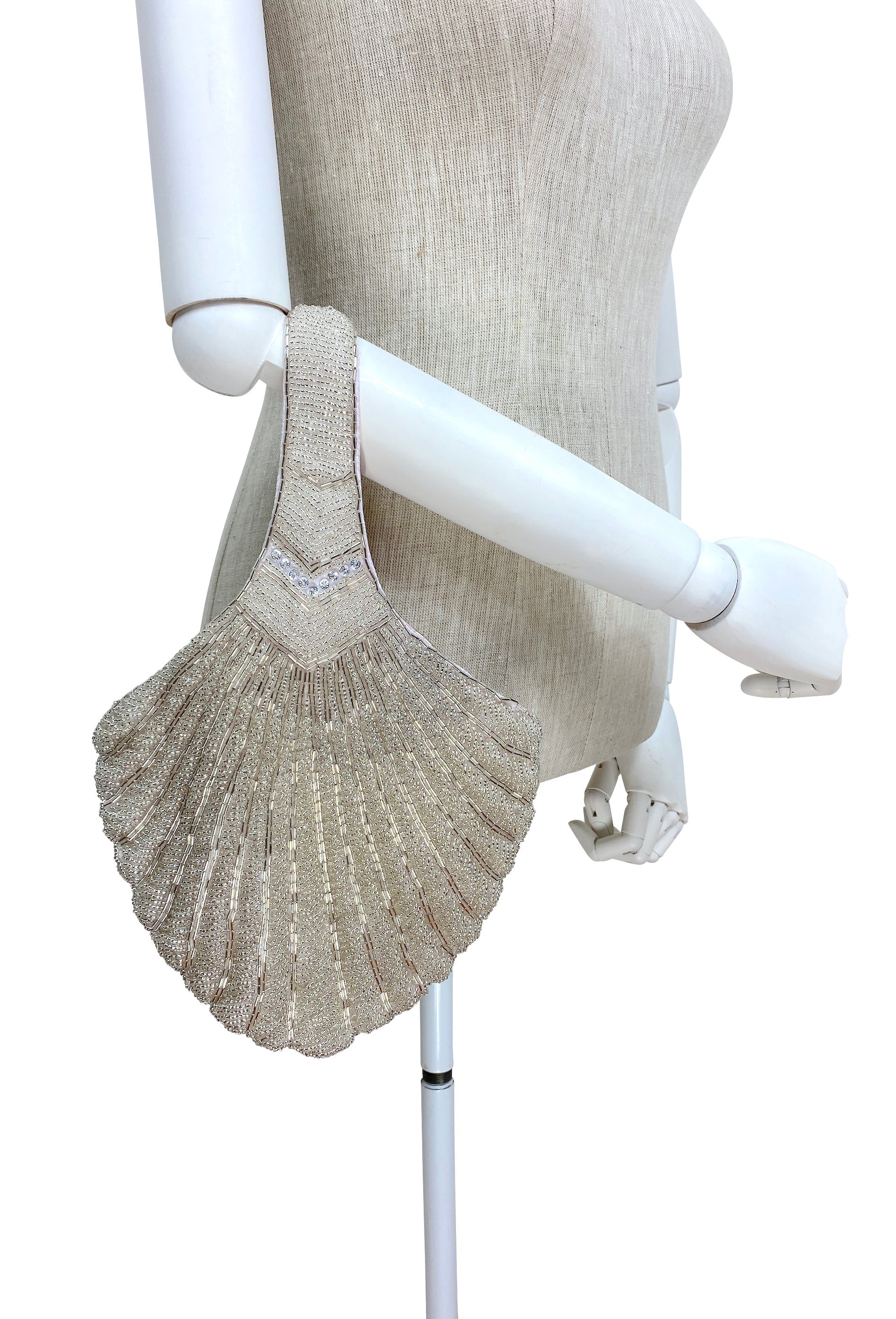 1920's Hand Beaded Deco Fan Wristlet Evening Tote - Large - Glamour Silver