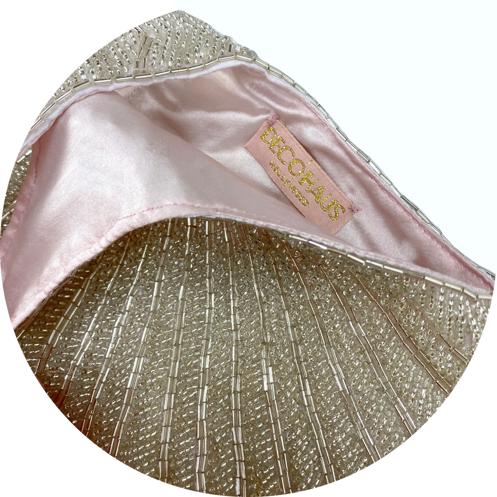 1920's Hand Beaded Deco Fan Wristlet Evening Tote - Large - Glamour Silver