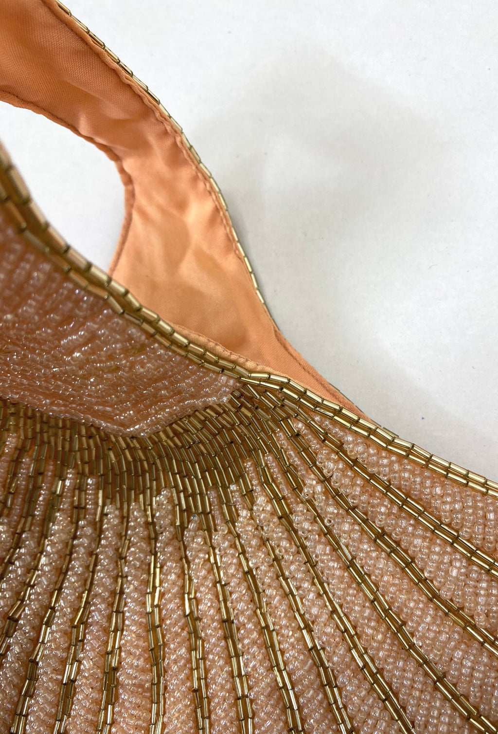 1920's Hand Beaded Deco Fan Wristlet Evening Tote - Large - Pink & Gold