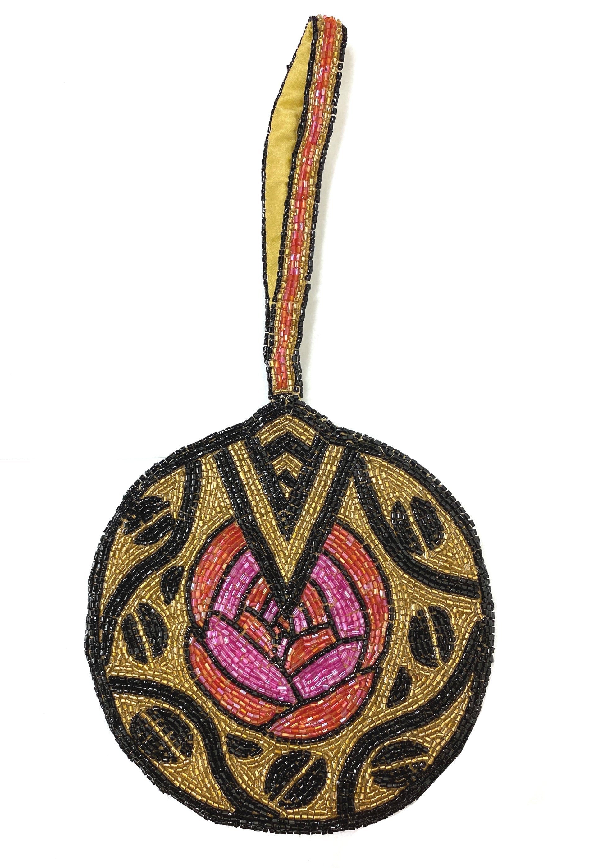 1920's Hand Beaded Wristlet Evening Purse - Deco Rose - Gold