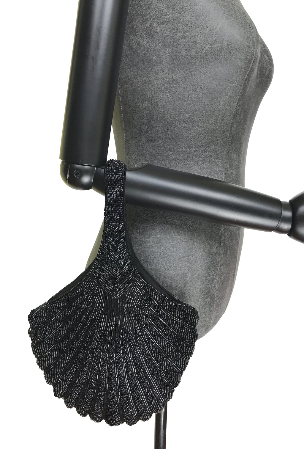 1920's Hand Beaded Deco Fan Wristlet Evening Tote - Large - Black Jet