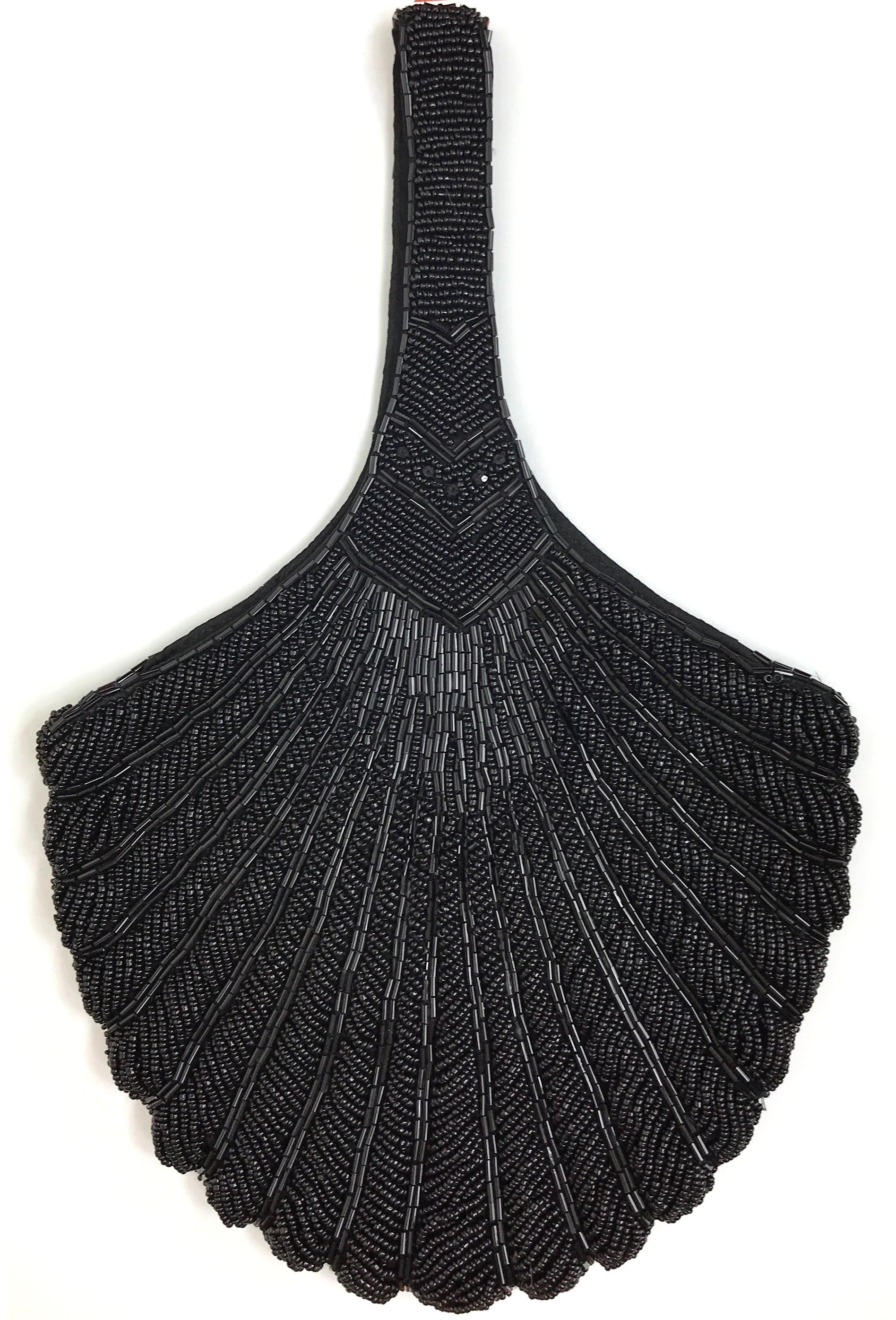 1920's Hand Beaded Deco Fan Wristlet Evening Tote - Large - Black Jet