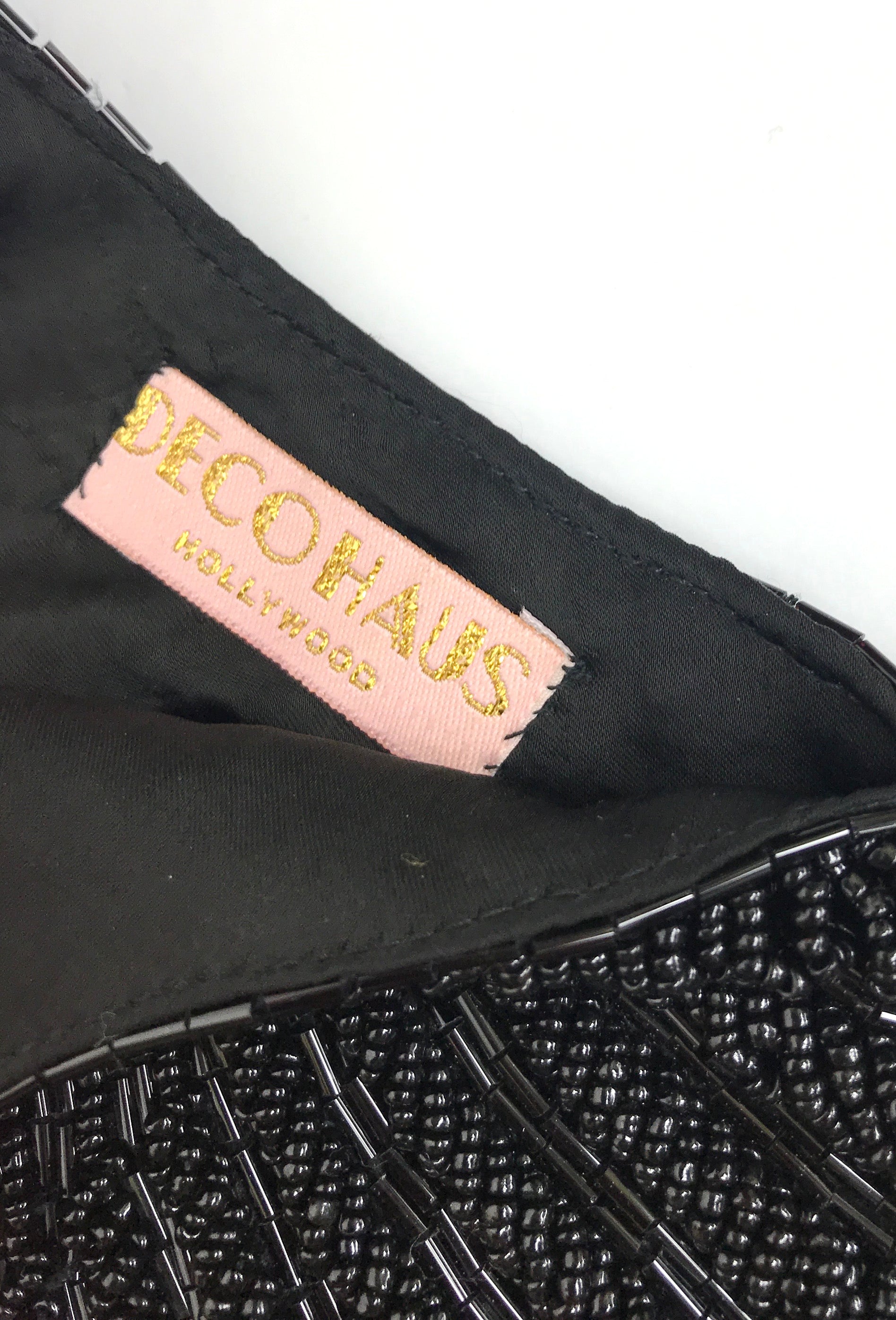 1920's Hand Beaded Deco Fan Wristlet Evening Tote - Large - Black Jet