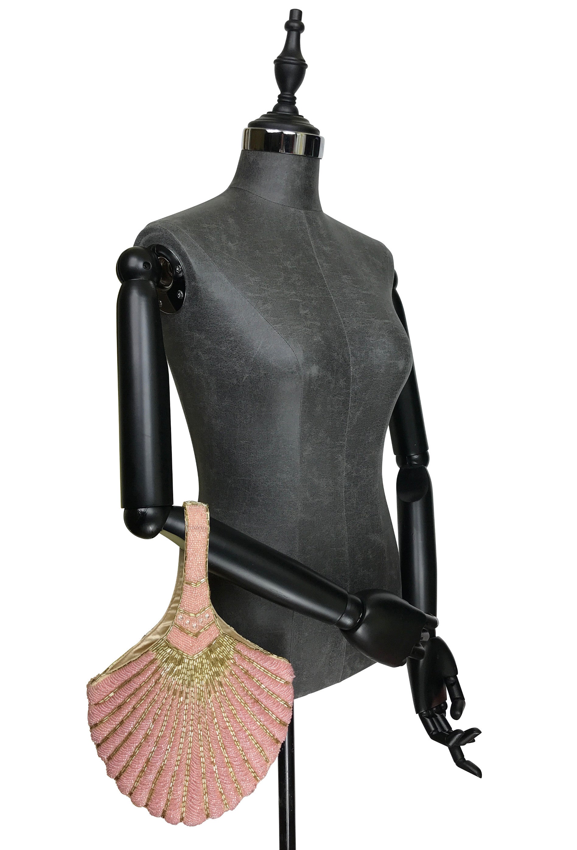 1920's Hand Beaded Deco Fan Wristlet Evening Tote - Large - Pink & Gold