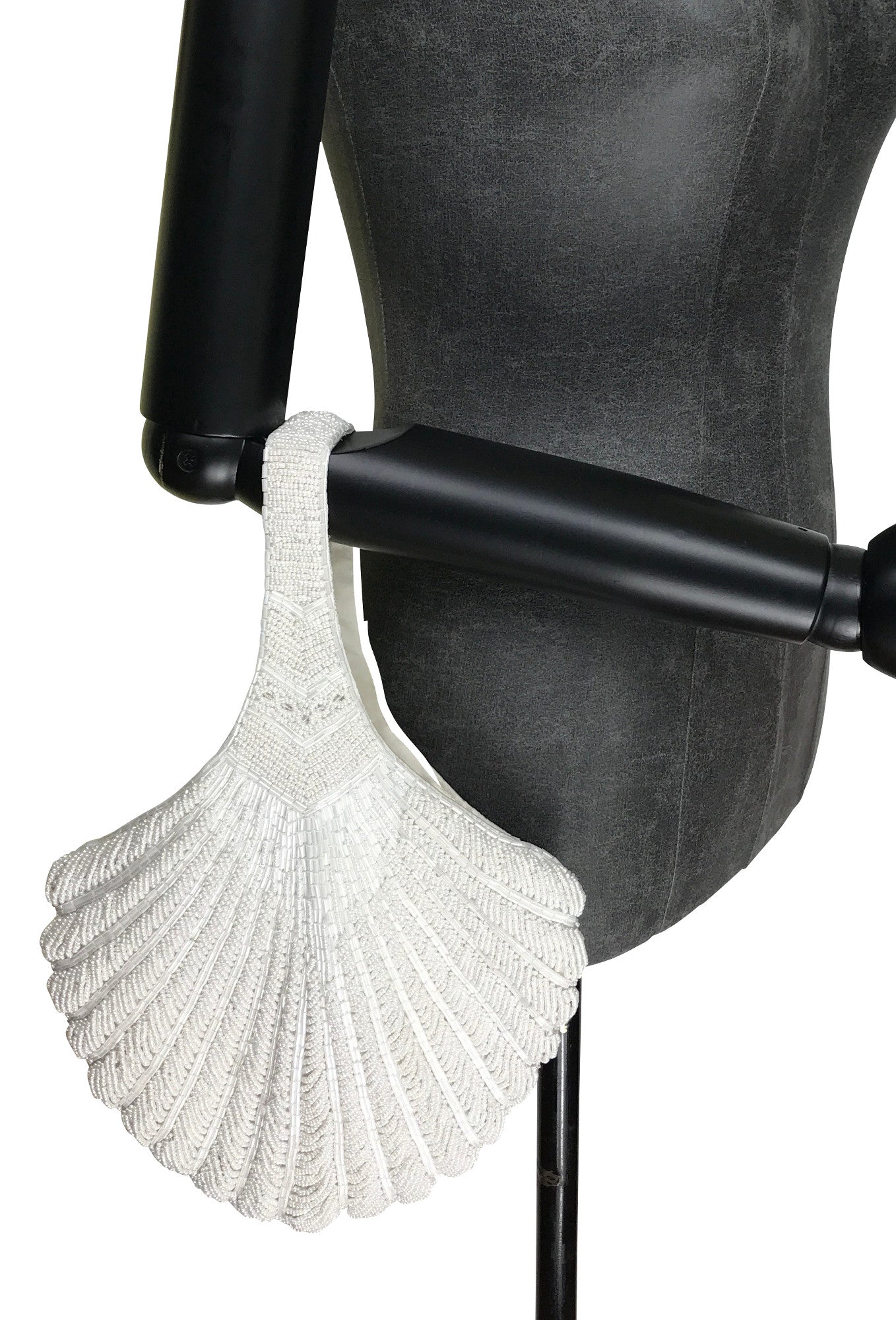 1920's Hand Beaded Deco Fan Wristlet Evening Tote - Large - White
