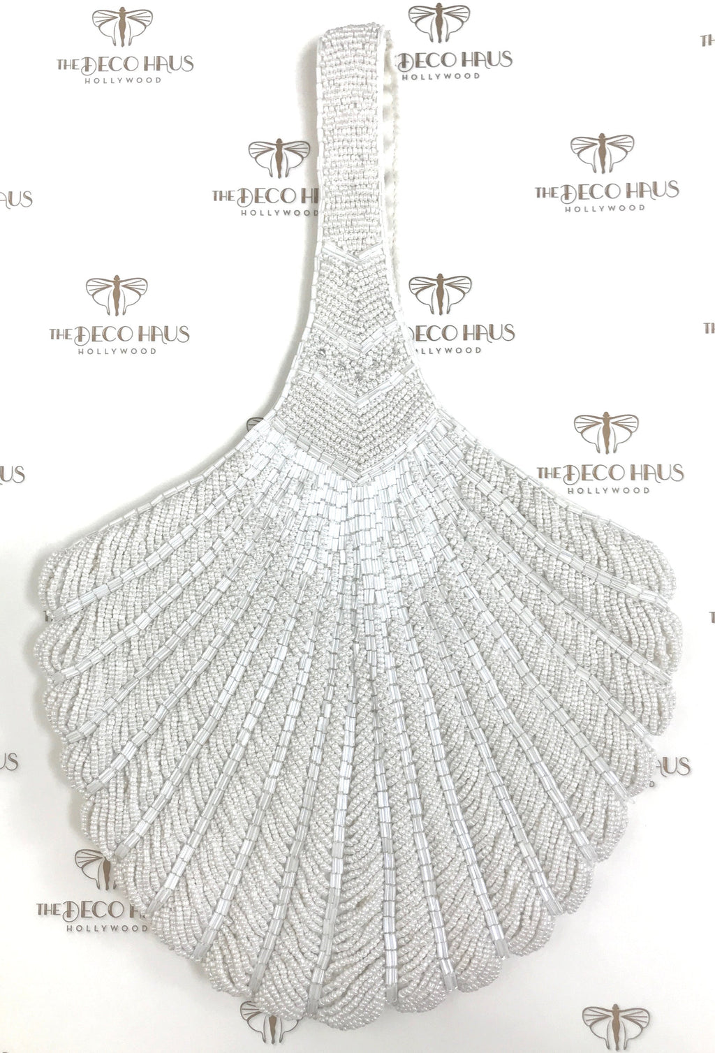 1920's Hand Beaded Deco Fan Wristlet Evening Tote - Large - White
