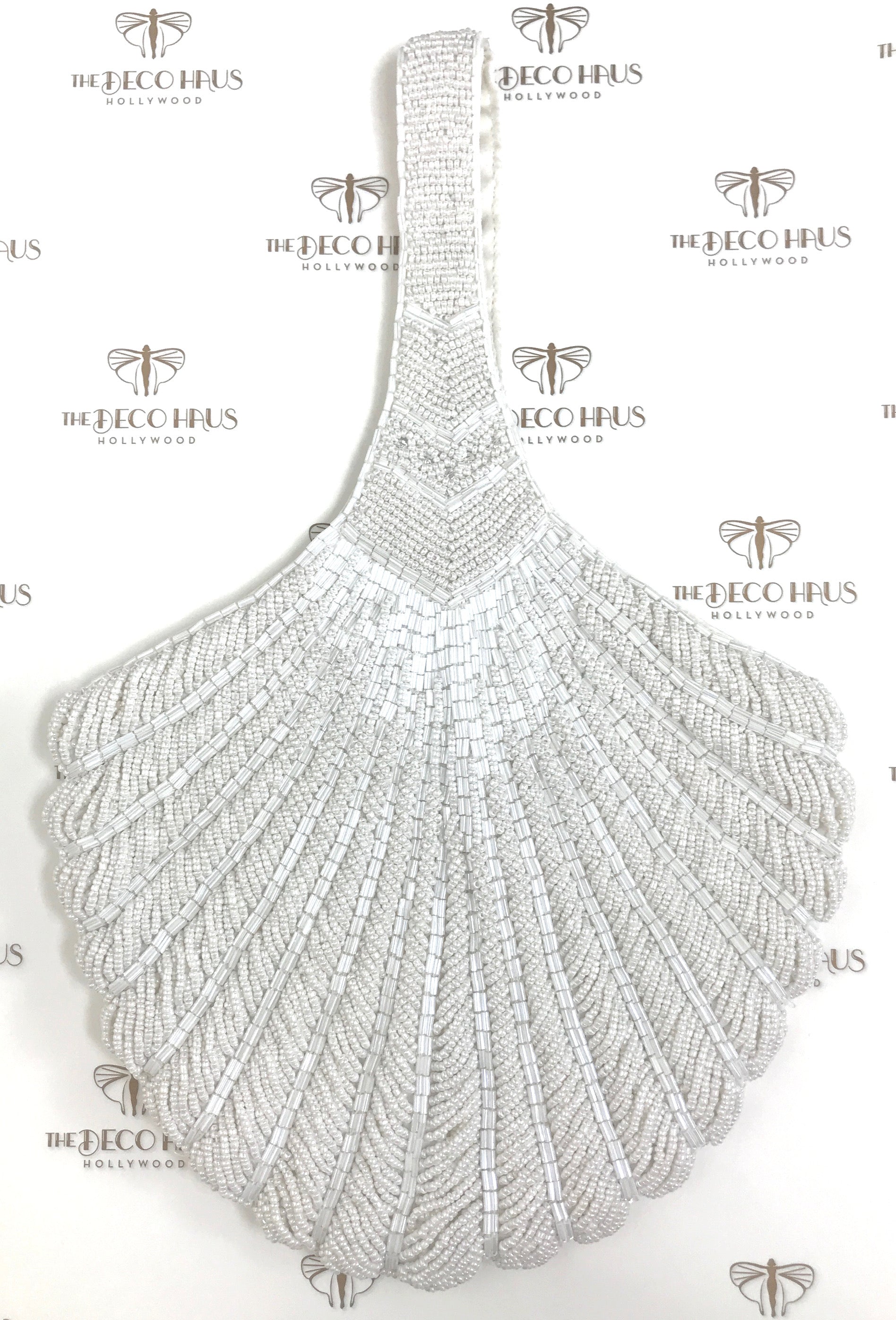 1920's Hand Beaded Deco Fan Wristlet Evening Tote - Large - White