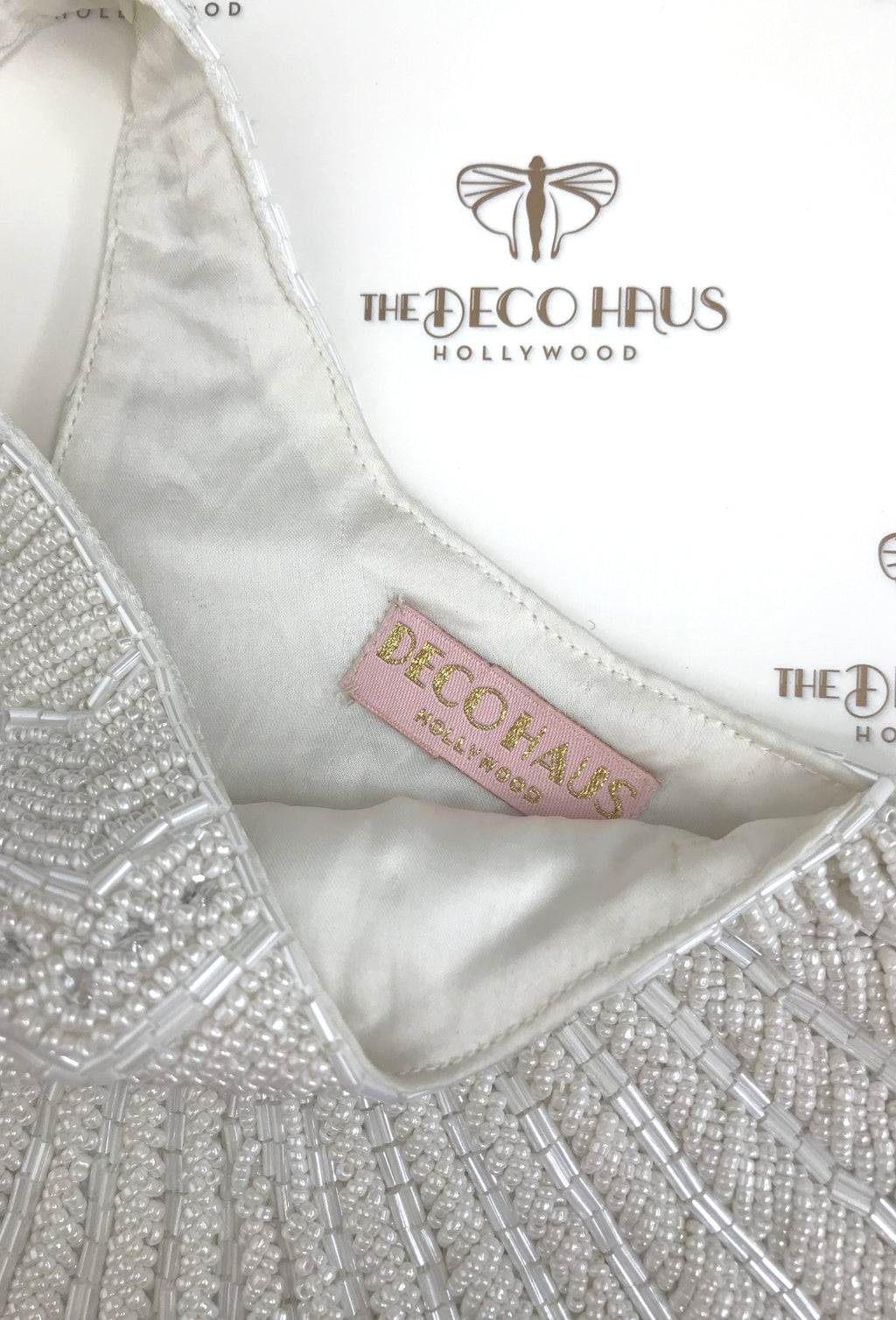 1920's Hand Beaded Deco Fan Wristlet Evening Tote - Large - White