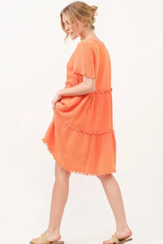 And The Why Washed Frayed Detail Tiered Dress