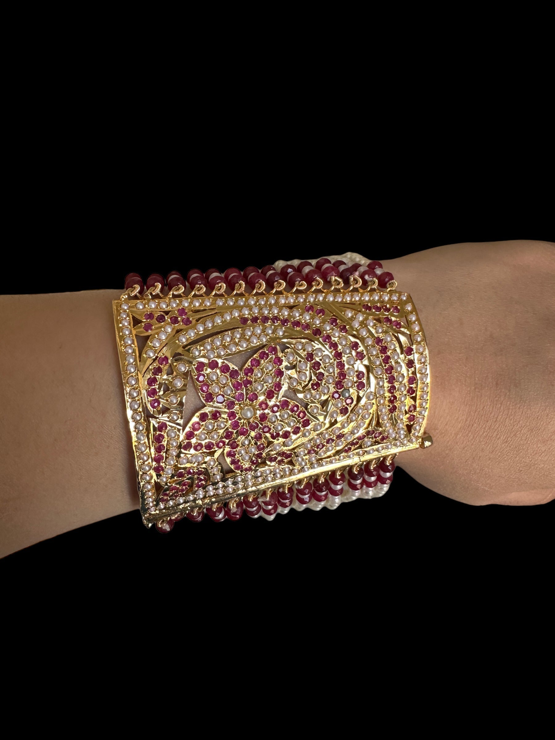 B198 Jadau bahi / bracelet - Ruby pearl ( READY TO SHIP  )