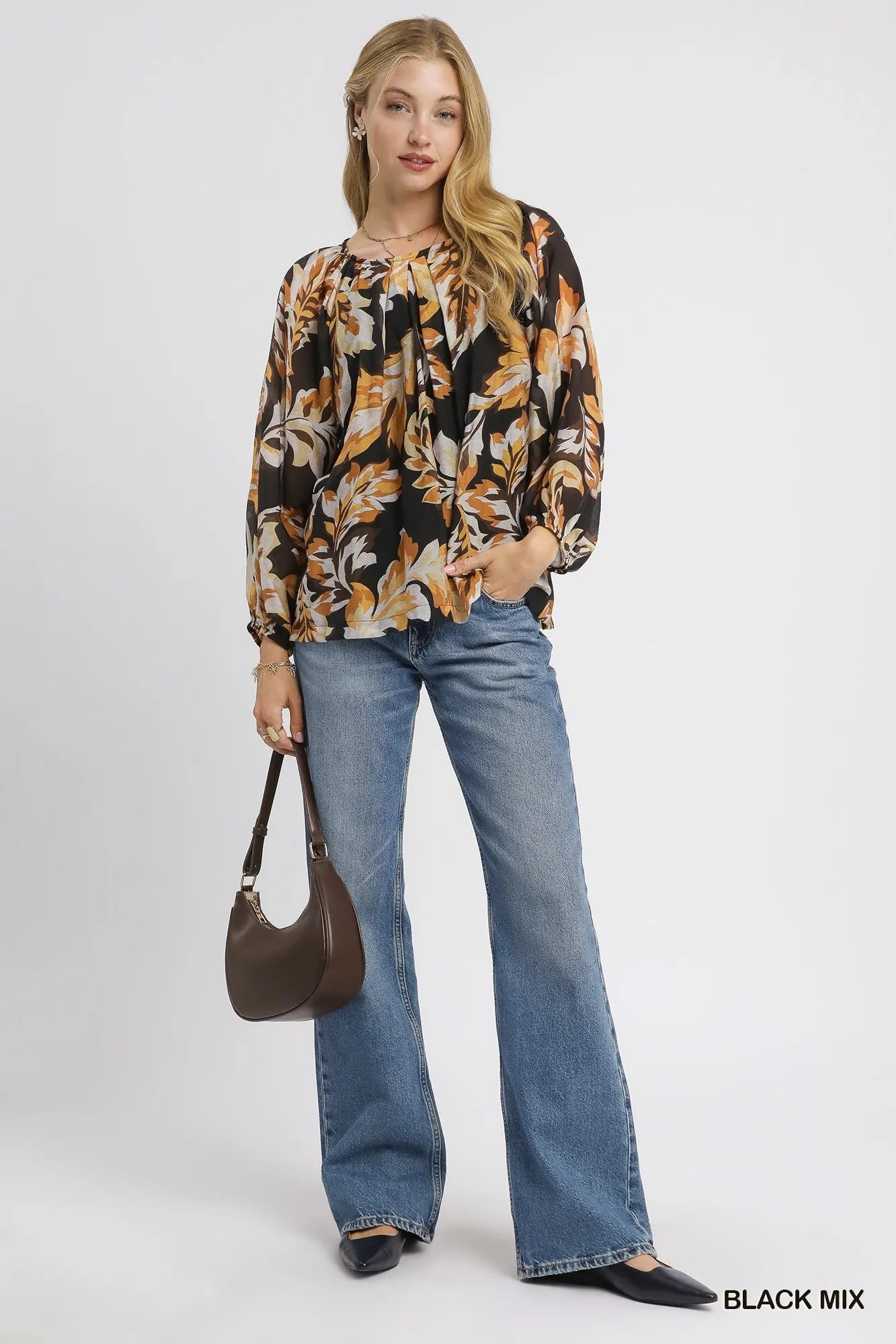 Autumn Leaf Print Balloon Sleeve Blouse