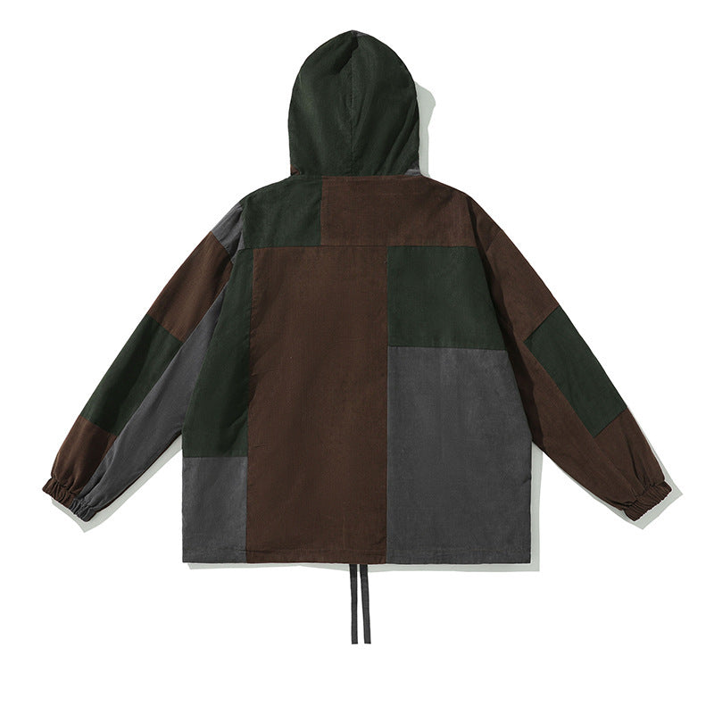 Autumn Mountain Outdoor Stitching Corduroy Color Block Hooded Jacket