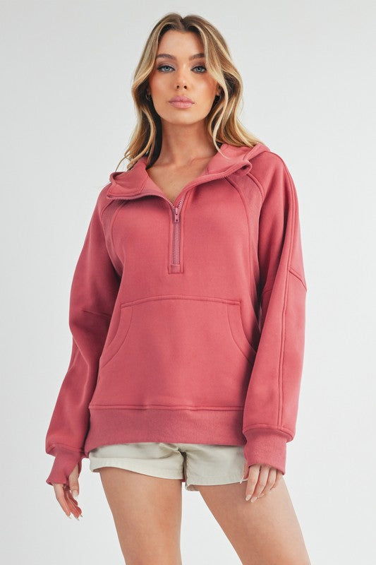 Aemi+Co Half Zip Raglan Sleeve Hoodie with Kangaroo Pocket