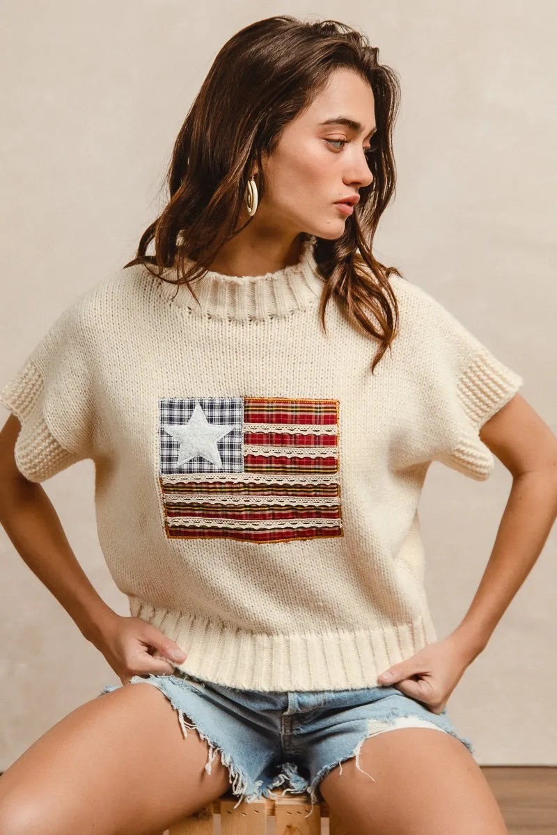 American Flag Patchwork Drop Shoulder Sweater
