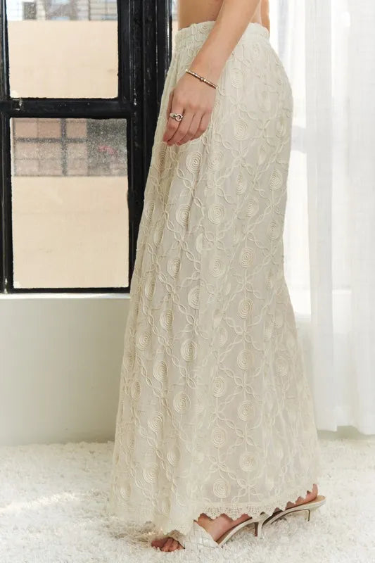 ADORA Elastic Waist Applique Maxi Skirt in Beige