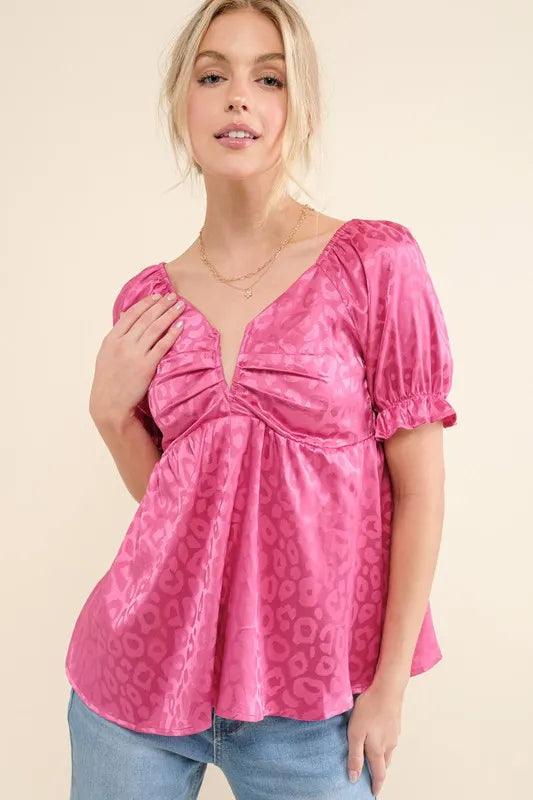 And The Why Satin Leopard V Wired Puff Sleeves Blouse