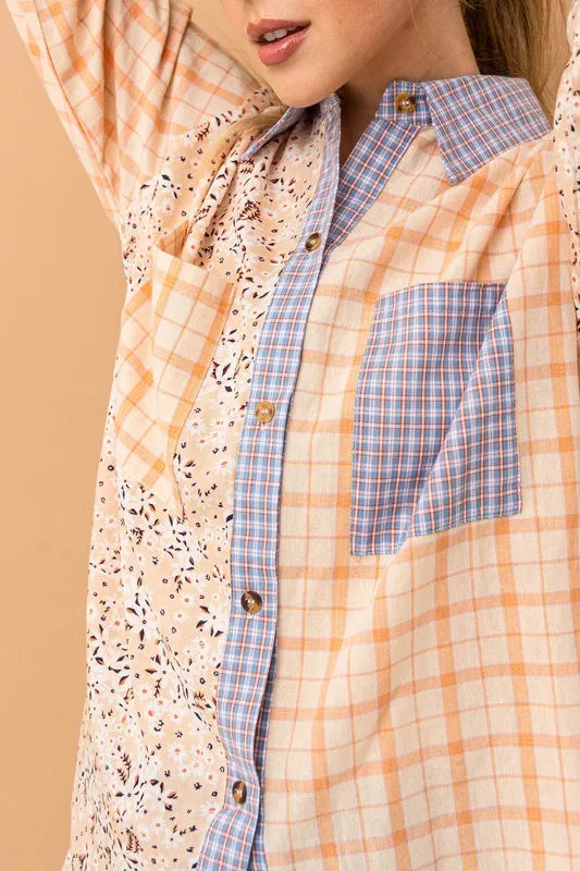 And The Why Floral and Plaid Color Block Shirts with Pocket