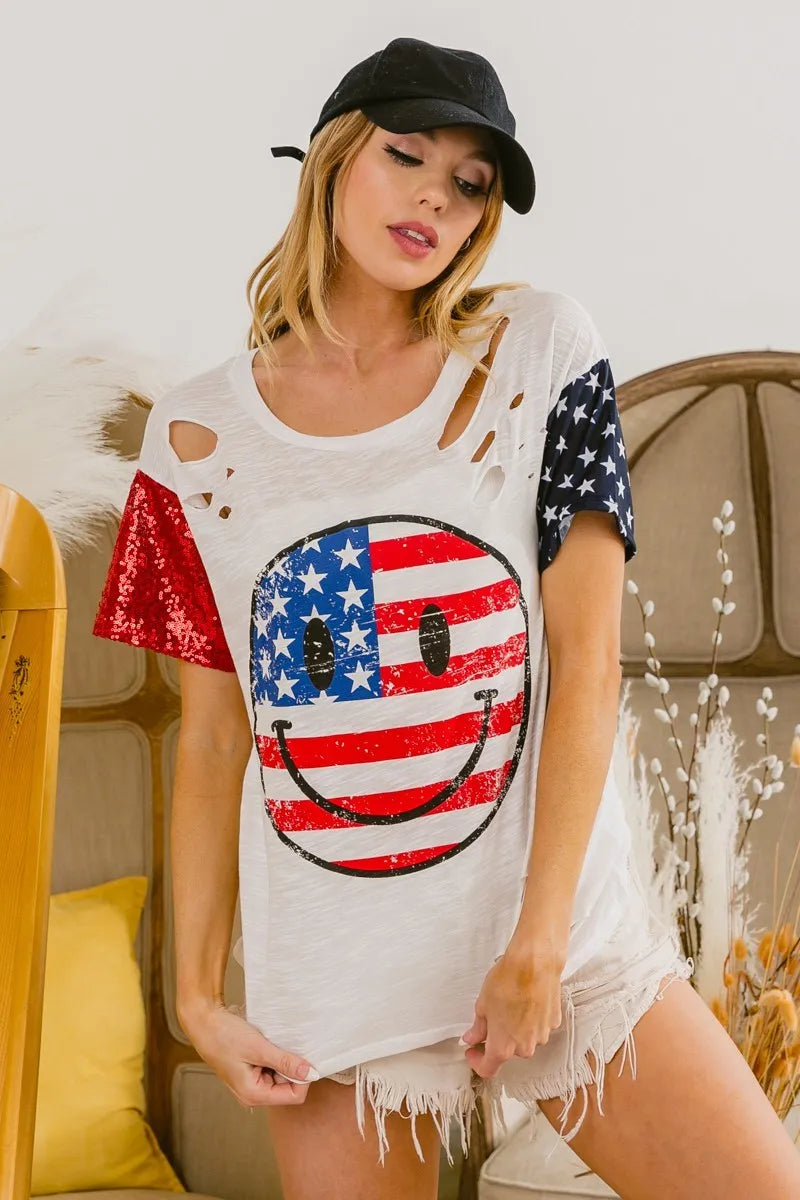 BiBi Fourth Of July Top With Laser Cut And Smile Face