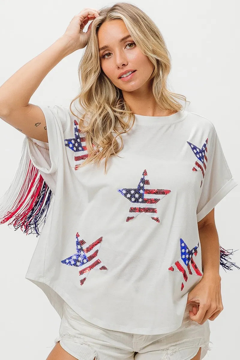 American Flag Sequin Star Fringe Top