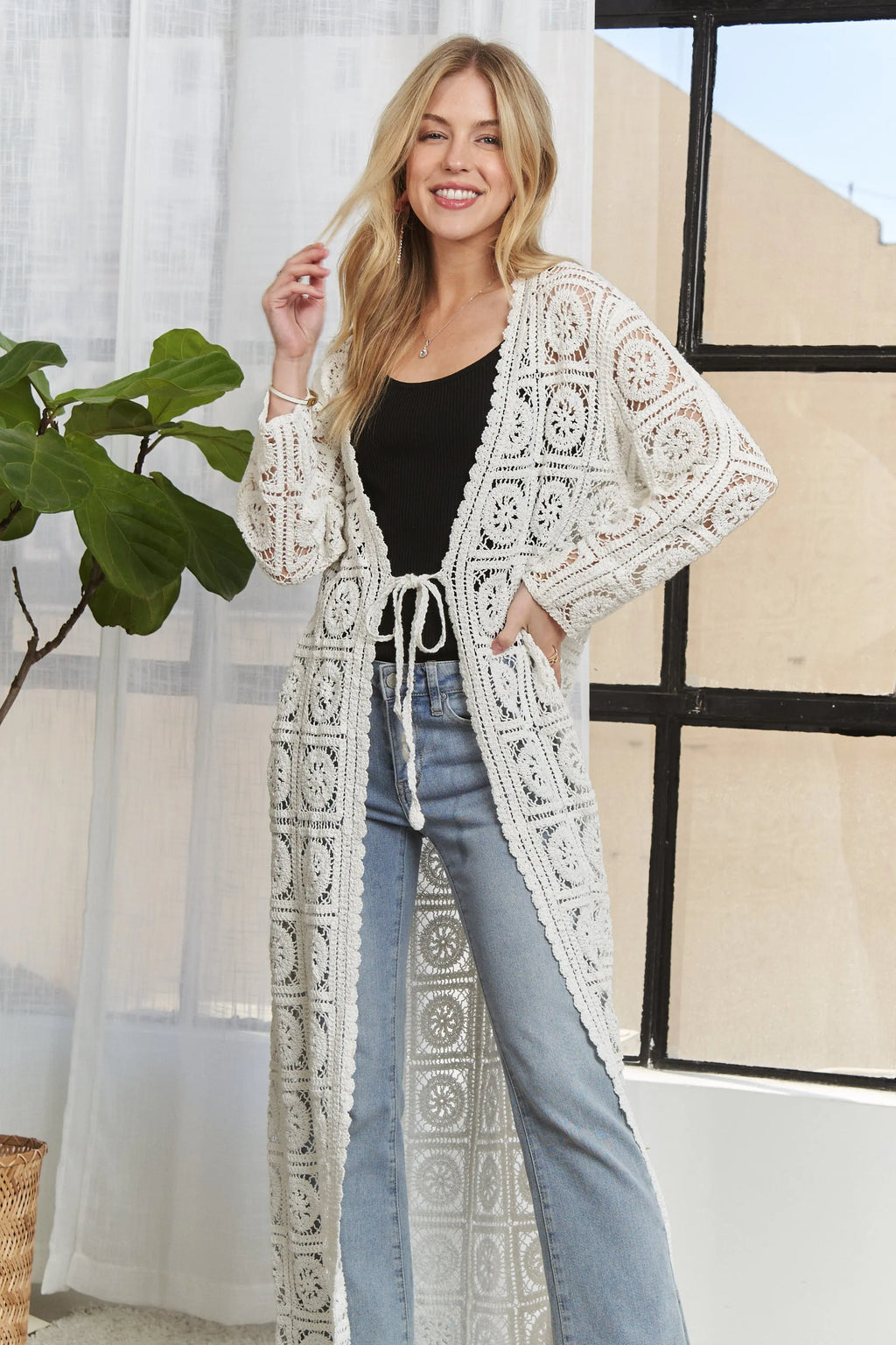 ADORA Long Sleeves Crochet Elastic Cardigan