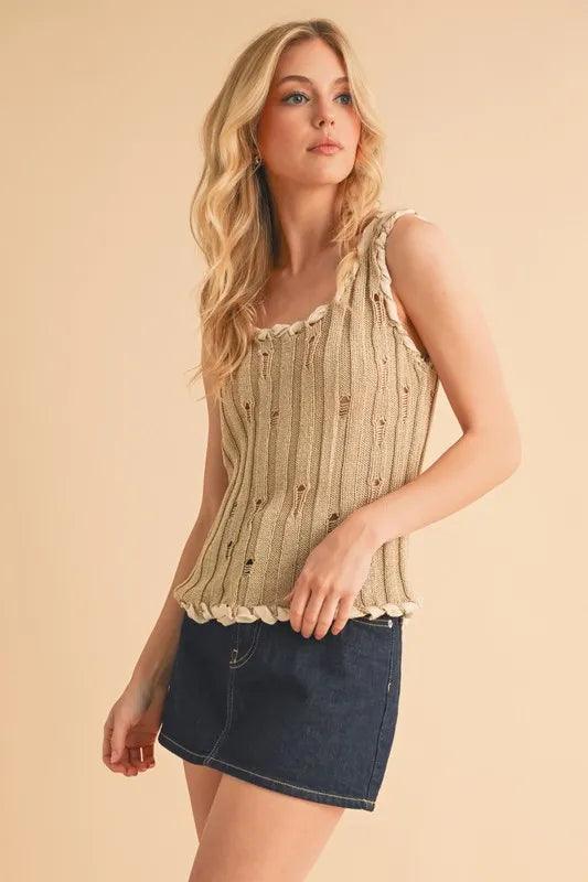 Aemi+Co Distressed Detail Round Neck Knit Tank