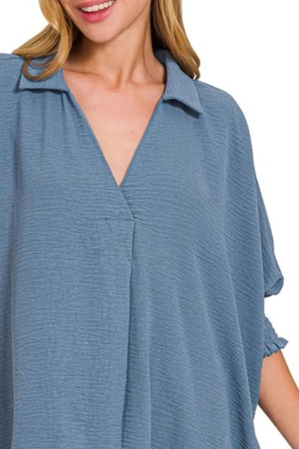 Airflow Collar Tee with Smocked Sleeve Band Top