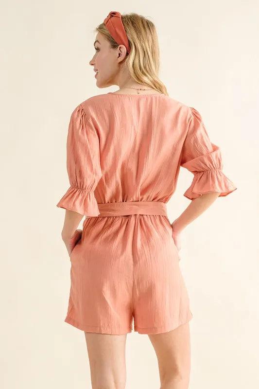 And The Why Flounce Sleeves Romper with Belt