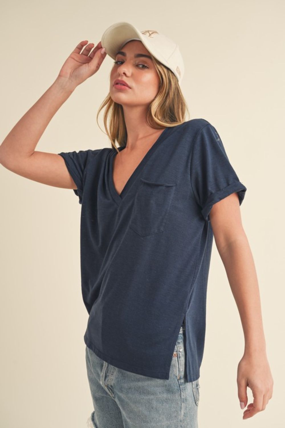 Aemi + Co Side Slit V-Neck Short Rolled Sleeve T-Shirt