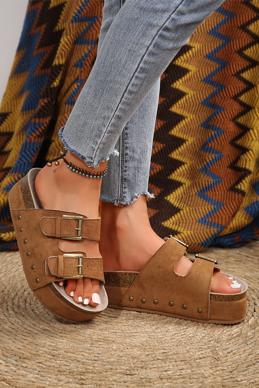Beige Suede Buckle Decor Corky Platform Sandals