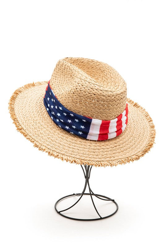 American Flag Hat Band Raw Edge Straw Fedora