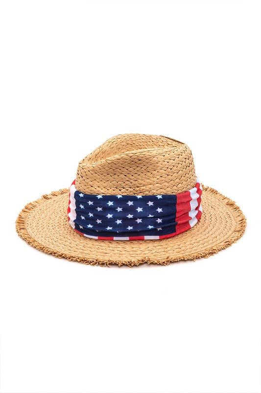 American Flag Hat Band Raw Edge Straw Fedora